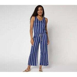 MUK LUKS Jumpsuit S Regular Cloud Knit Sleeveless Crop-Blue Stripe A684061 NEW